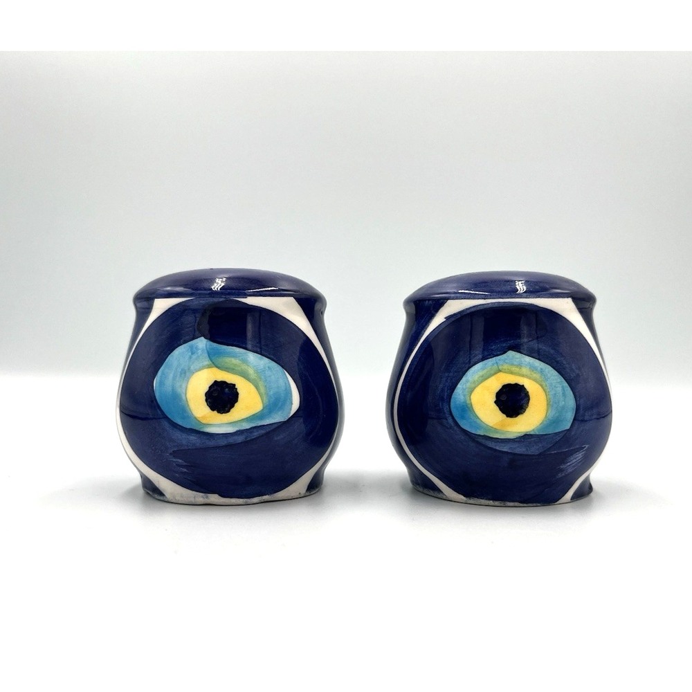 Papart Evil Eye Salt & Pepper Shakers Blue Yellow Ceramic (no stoppers)
